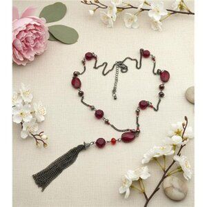 Gunmetal Tone Red Glass Station Necklace Long Tassel Pendant 33 In Adjustable